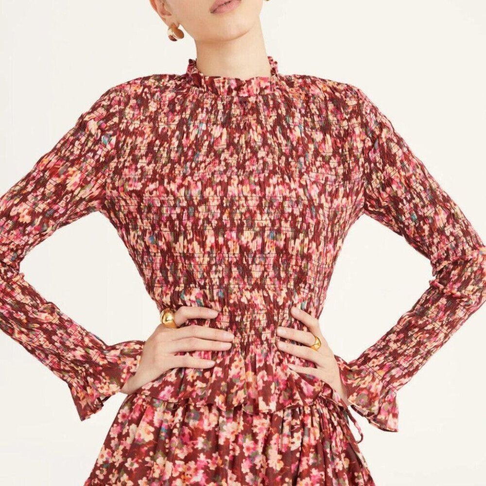 Merlette Norra Blouse Top Smocked Floral Printed Cotton Ruffle Resort S